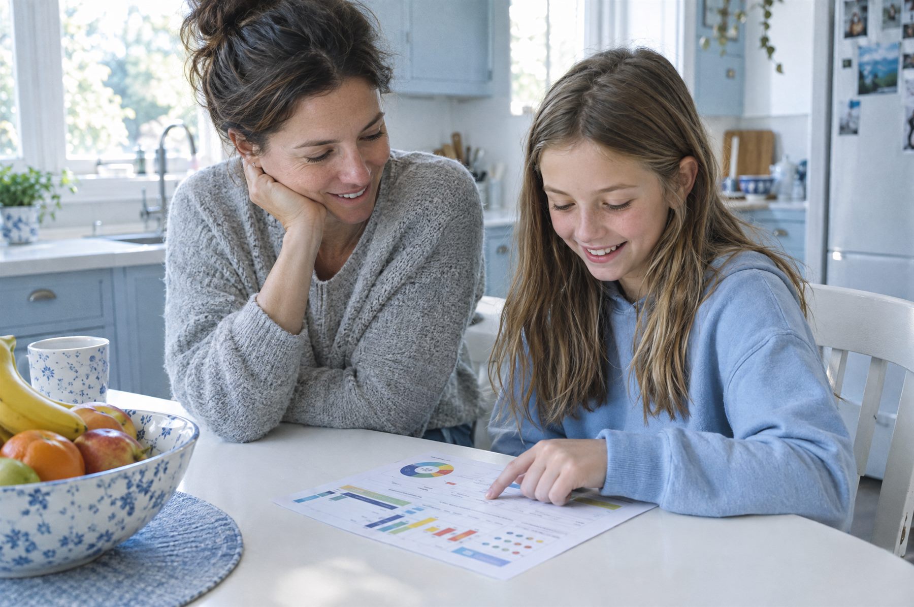 A parent and child reading a printed progress report together